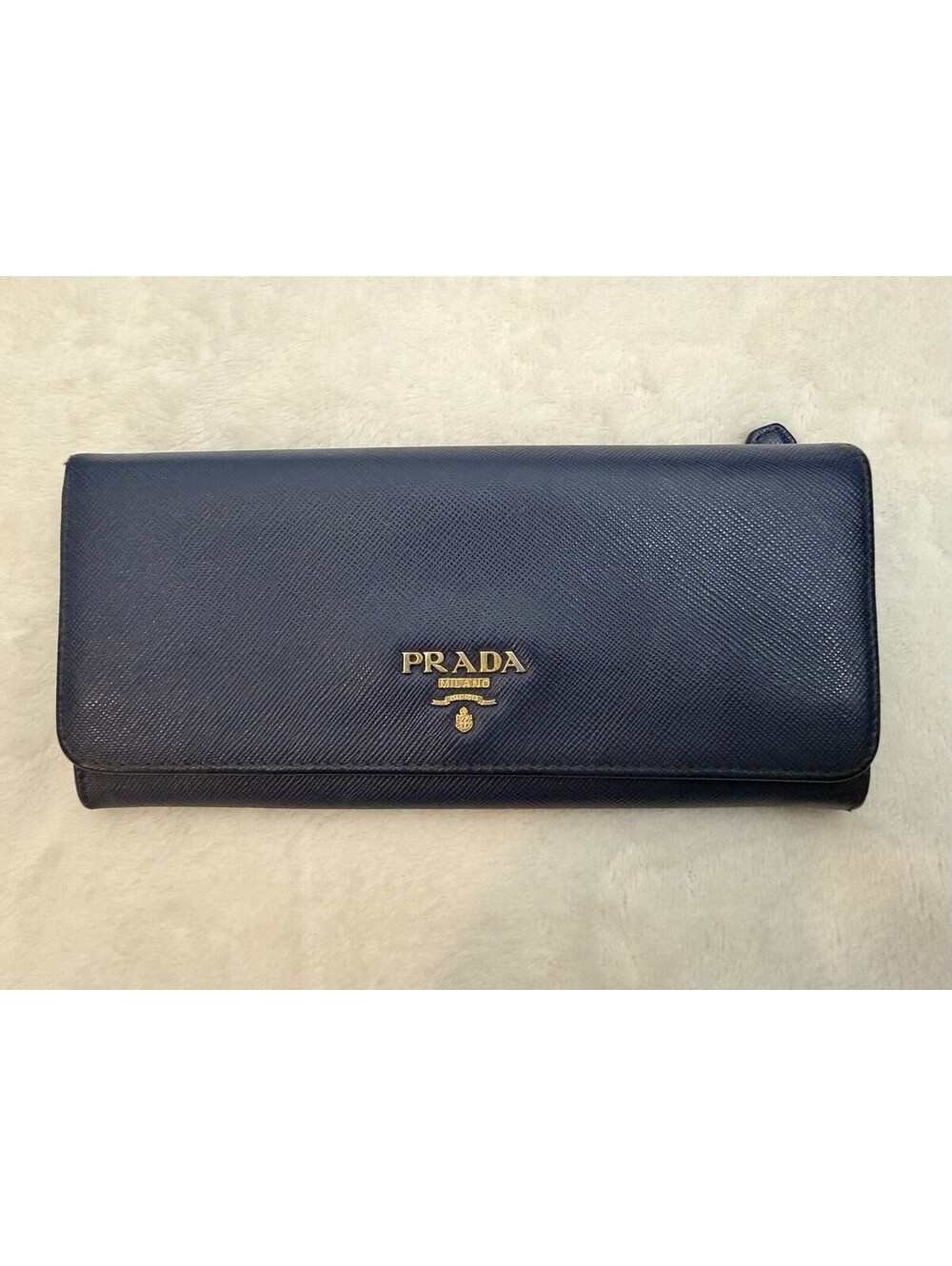 Authentic Prada Blue Bleuette Saffiano Leather Continental Wallet Gold Logo Flap
